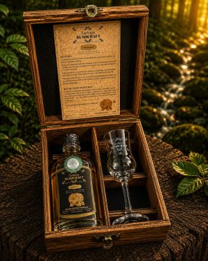 Kit Cachaça Bushcraft 200ml + Caixa de madeira forrada+taça de vidro Alambic Nádir de 90 ml com gravação em DTF em alto relevo