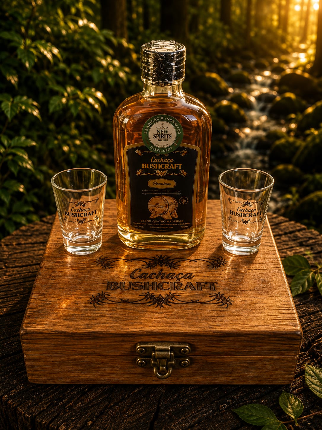 Kit Cachaça Bushcraft 200ml + Caixa de madeira forrada+dois copos de vidro dose de cachaça 60 ml Nadir com gravação em DTF em alto relevo