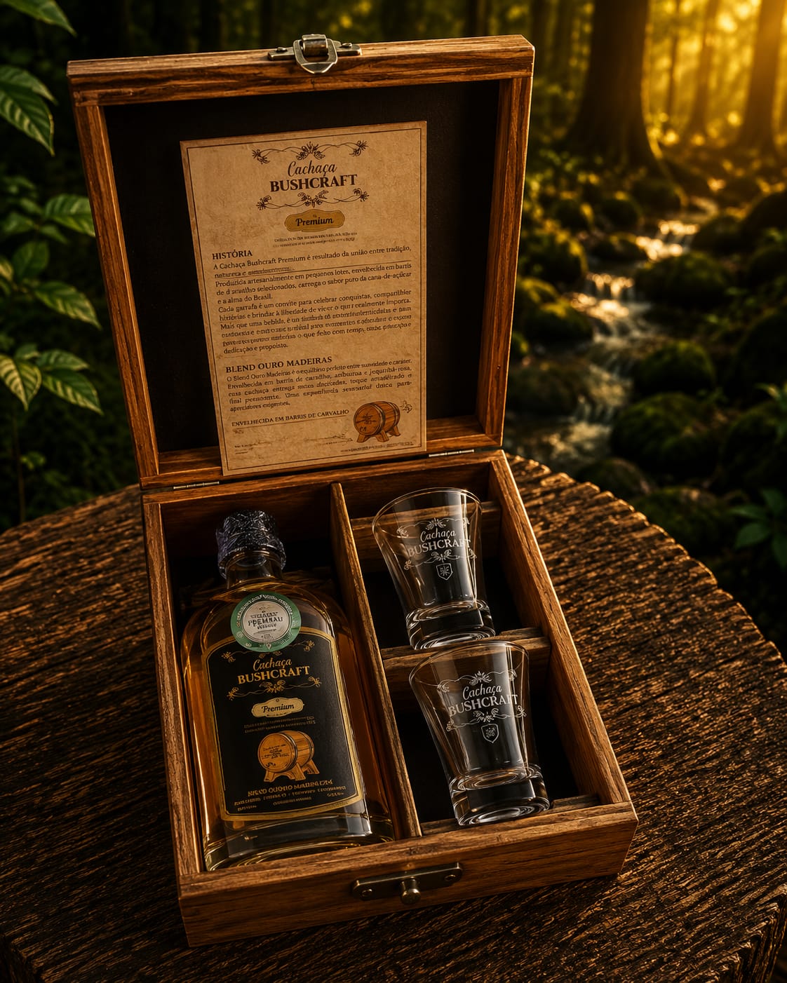 Kit Cachaça Bushcraft 200ml + Caixa de madeira forrada+dois copos de vidro dose de cachaça 60 ml Nadir com gravação em DTF em alto relevo - Imagem 2